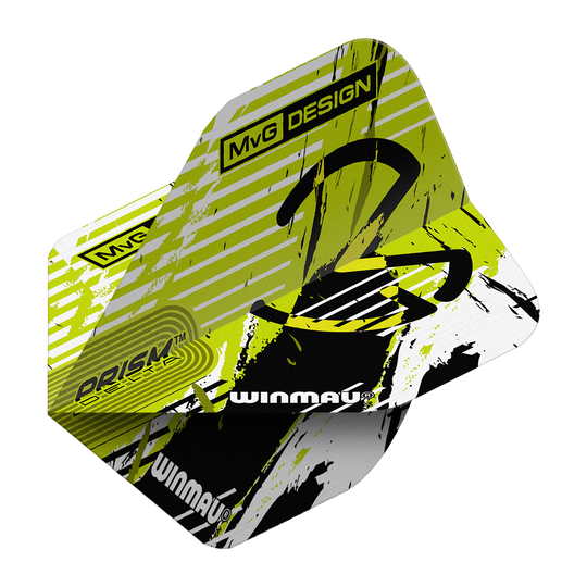 Winmau Delta Michael Van Gerwen Prism 03 Loty standardowe Das Bild zeigt die Winmau Delta Michael Van Gerwen Prism 03 Standard Flights. Das Design ist in Gelb, Schwarz und Weiß gehalten und trägt den Schriftzug "MvG DESIGN" sowie das Winmau-Logo.