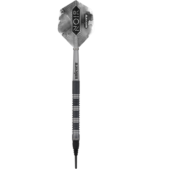23835_Unicorn_Noir_James_Wade_2022_Softdarts_1mGfeUbAddv9sQ Das Bild zeigt einen schwarzen Softdartpfeil der Marke Unicorn. Auf den Flights steht „NOIR“ und „unicorn“.