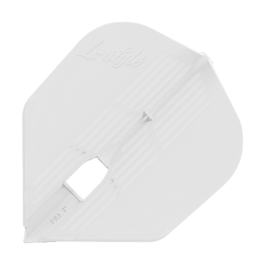 L-Style KAMI L3KPRO Flights Dies ist ein weißes Dartflight mit der Aufschrift "L-style" auf der Oberfläche. Es hat ein strukturiertes Design mit einer rechteckigen Öffnung in der Mitte.
