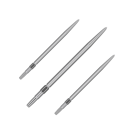 Końcówki do rzutek Target Swiss Point Nano Dart - srebrne Das Bild zeigt drei silberne Dartspitzen, die nebeneinander angeordnet sind. Sie sind lang, schmal und haben gerillte Bereiche am hinteren Ende.