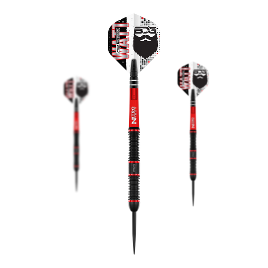 Rzutki stalowe Red Dragon Jason Watt - 22g Das Bild zeigt drei Steeldarts des Modells "Red Dragon Jason Watt" mit einem Gewicht von 22g. Die Darts sind schwarz-rot und haben Flights mit einem Bartmotiv und der Aufschrift "WATT".