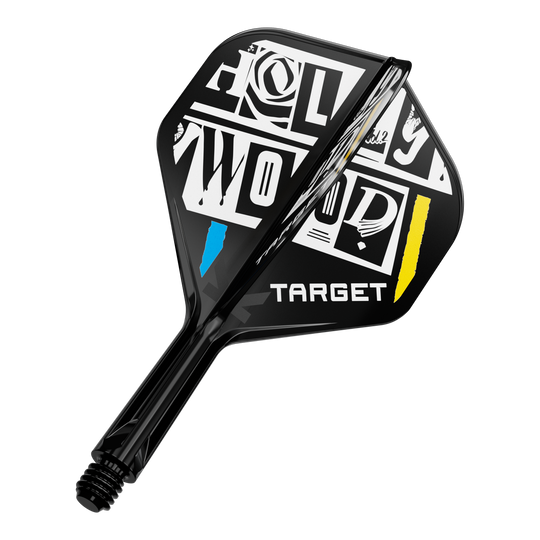 System wałów lotniczych Target K-Flex Chris Dobey No2 Standard Das Bild zeigt einen Dartpfeil-Flügel mit auffälligem schwarz-weißem Design und den farbigen Akzenten Blau und Gelb. Auf dem Flügel steht das Wort "TARGET" und ein grafisch gestalteter Schriftzug "HOLLYWOOD".
