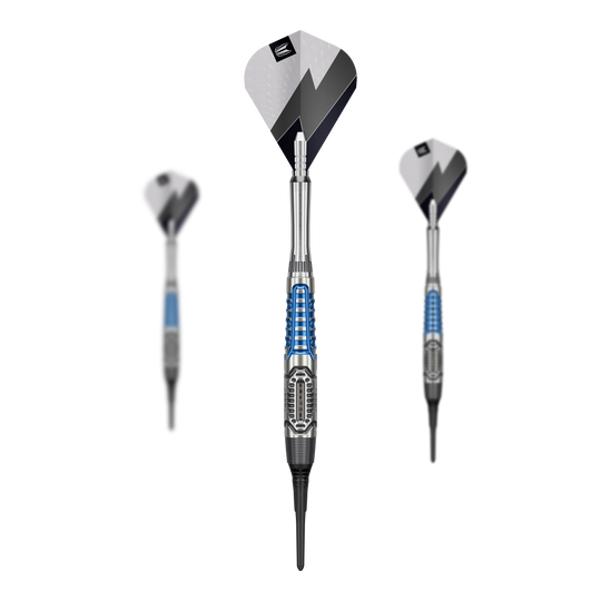Das Bild zeigt die Target Phil Taylor Power X Chrono Softdarts. Diese Softdarts sind für elektronische Dartboards geeignet.