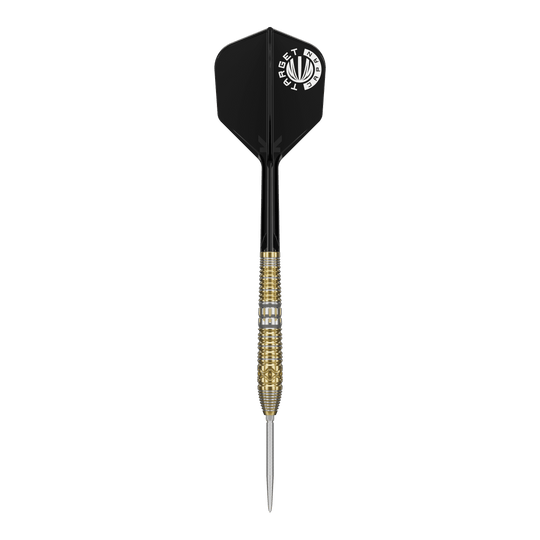 Stalowe lotki Target Japan Hot Shot GEN2 - 23 g Das Bild zeigt einen Target Japan Hot Shot GEN2 Steeldart mit einem Gewicht von 23g. Der Dart hat eine goldene, strukturierte Spitze und schwarze Flights.