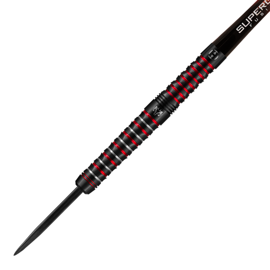 HA16990-Harrows-Wolfram-Infinity-97-Tungsten-Steeldarts-2 Das Bild zeigt einen Harrows Wolfram Infinity 97% Tungsten Steeldart. Der Dart ist überwiegend schwarz mit roten Akzenten und einem griffigen, gerillten Barrel.