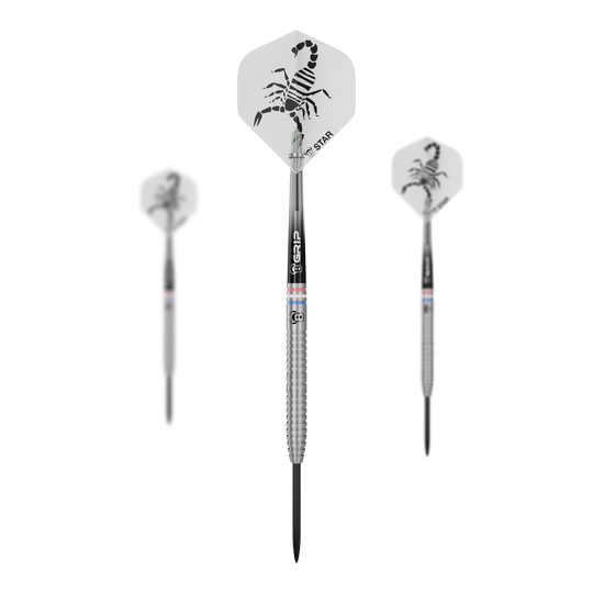 Bulls Challenger Kendji Steinbach Steeldarts - 23g Dieses Bild zeigt ein Set der Bulls Challenger Kendji Steinbach Steeldarts - 23g. Die Darts sind für Präzision und ein komfortables Spielerlebnis gestaltet.
