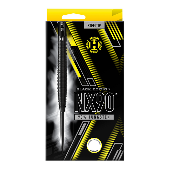 Stalowe lotki Harrows NX90 Black Edition Die Abbildung zeigt die Verpackung der "Harrows NX90 Black-Edition Steeldarts". Auf der Packung steht, dass die Darts aus 90% Tungsten bestehen.