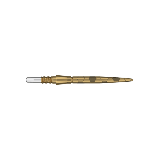 Das Bild zeigt eine goldfarbene Dartspitze mit feinen eingravierten Mustern. Sie hat eine schlanke, spitz zulaufende Form und ist 26 mm lang.