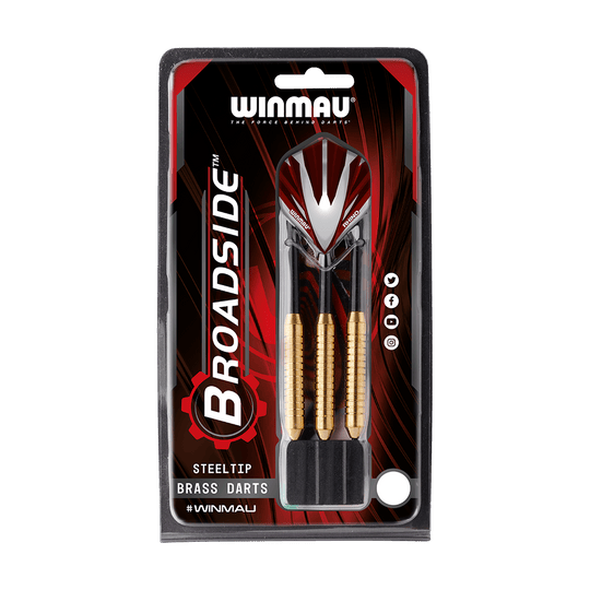 1225-22_Winmau_Broadside_Brass_Steeldarts_3 Das Bild zeigt eine Packung Winmau Broadside Brass Steeldarts mit einem Gewicht von 22g. In der Verpackung sind drei Darts mit messingfarbenen Schäften zu sehen.