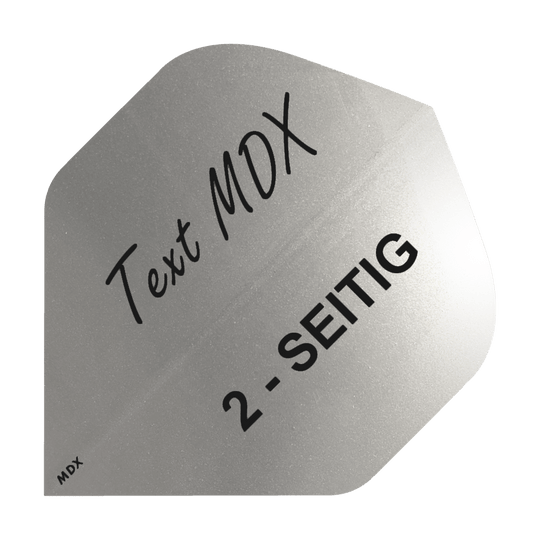 10 zestawów metalowych lotów drukowanych, dwustronnych - tekst niestandardowy - standard MDX Das Bild zeigt ein silbernes Dart-Flight mit schwarzem Aufdruck. Darauf steht "Text MDX" und "2-SEITIG".