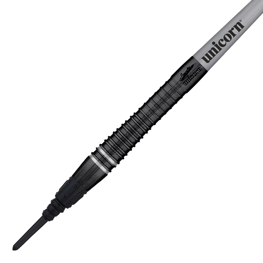 Mistrz Świata Jednorożców Gary Anderson Noir Phase 6 Soft Darts Das Bild zeigt einen Unicorn World Champion Gary Anderson Noir Phase 6 Softdart. Der Dart hat ein elegantes, schwarzes Design mit dem Aufdruck "unicorn" auf dem Schaft.
