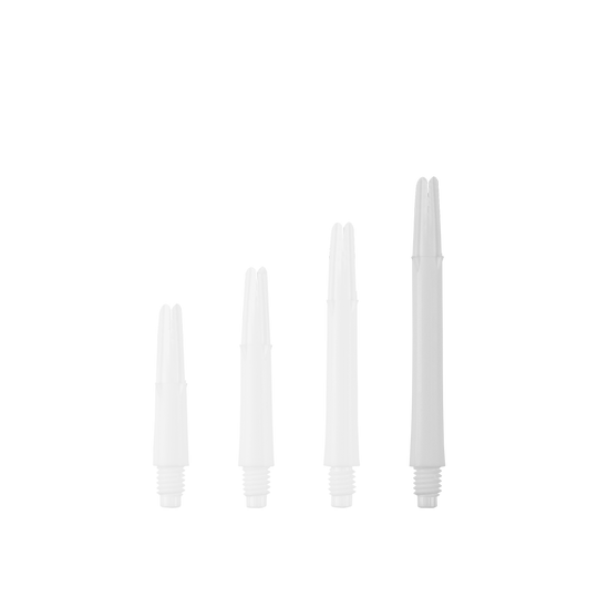 Wałki L-L-Style-Shafts blokowane proste - białe Das Bild zeigt vier weiße, gerade Dartshafts in unterschiedlichen Längen. Sie sind ohne Kappen und stehen nebeneinander aufgereiht.