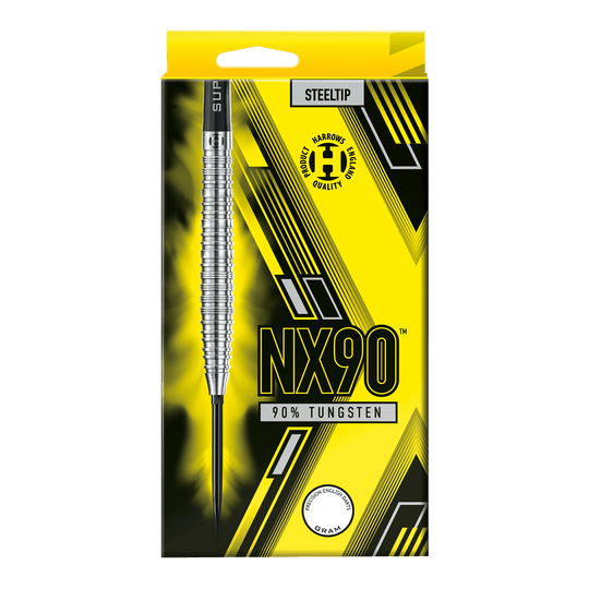 Harrows NX90 Tapered Quick Point Steel Darts Die Abbildung zeigt die Harrows NX90 Tapered Quick Point Steeldarts. Diese Darts sind speziell für Genauigkeit und Kontrolle konzipiert.
