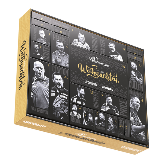 Die Abbildung zeigt den McDart Premium Adventskalender 2025 für Softdart-Spieler. Dieser Kalender ist speziell für Fans des Softdart-Spiels gestaltet.
