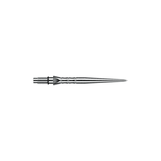Hier sieht man Winmau Switch Point Wave Silver Effect Steeldartspitzen mit 26 mm Länge. Die Dartspitzen haben einen silbernen Welleneffekt.