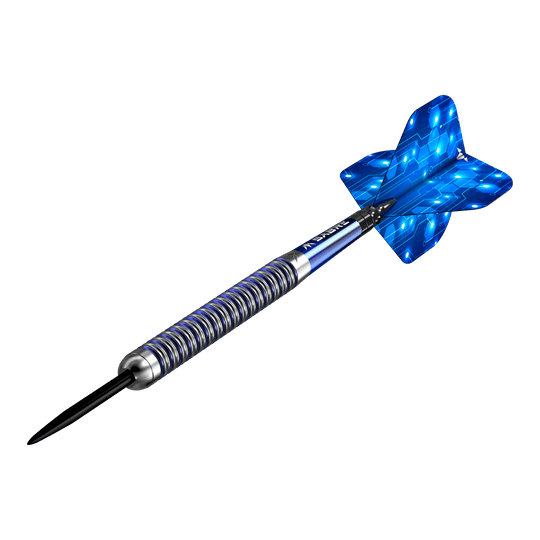 Lotki stalowe Mission ION Blue Silver Mission ION Blue Silver Steeldarts werden präsentiert. Die Darts haben ein auffälliges blau-silbernes Design.