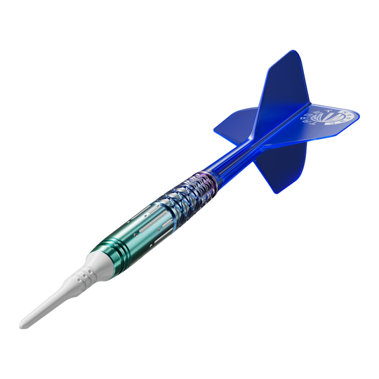 Auf dem Bild ist ein Softdart namens "Target Japan Cathy Leung Charis GEN4 Softdarts - 21g" zu sehen. Der Dart hat einen metallic-grünen Schaft und blaue Flights.