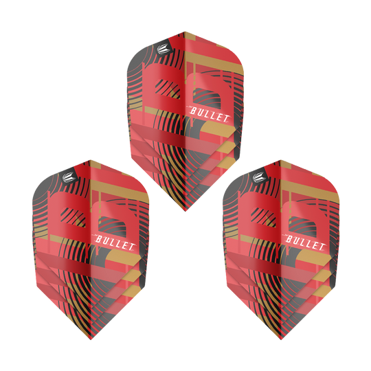 Das Bild zeigt drei Sets von Target Pro Ultra Stephen Bunting GEN5 No6 Flights. Die Flights haben ein auffälliges Design in Rot, Schwarz und Gold mit dem Schriftzug "Bullet".