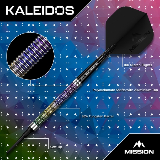 Mission Kaleidos miękkie lotki - 19g Das Foto zeigt Mission Kaleidos Softdarts - 19g. Es handelt sich um hochwertige Darts für Hobby- und Profispieler.