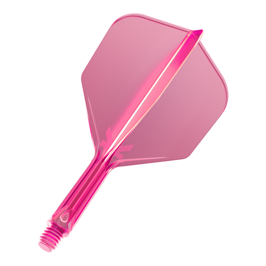 System lotu Target K-Flex No6 – neonowy róż Das Bild zeigt eine neonpinke Dartflügel-Kombination mit integriertem Schaft. Das Material wirkt durchsichtig und hat einen modernen Look.