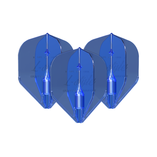 Loty w stylu L Fantom L1EZ w kolorze niebieskim Das Bild zeigt drei blaue L-Style Fantom L1EZ Flights. Sie sind für den Gebrauch bei Dartpfeilen gedacht.
