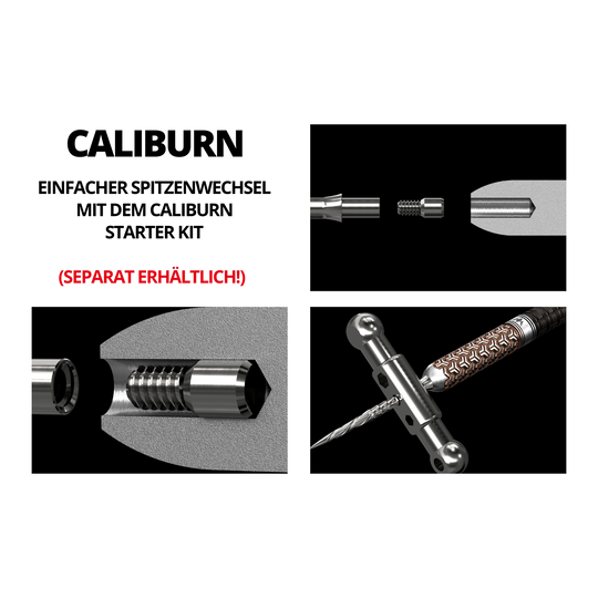 Das Bild zeigt technische Zeichnungen und Detailansichten eines Steeldart-Systems namens Caliburn EVO. Es werden verschiedene Bauteile und deren Montageoptionen grafisch dargestellt.
