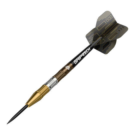 Rzutki ze stali wolframowej GOAT Ceremony Der GOAT Ceremony Tungsten Steeldart ist ein hochwertiger Dartpfeil mit goldenen und silbernen Elementen. Auf dem Schaft steht das Wort "GRIPTECH" und die Flights sind schwarz mit goldenen Linien gestaltet.