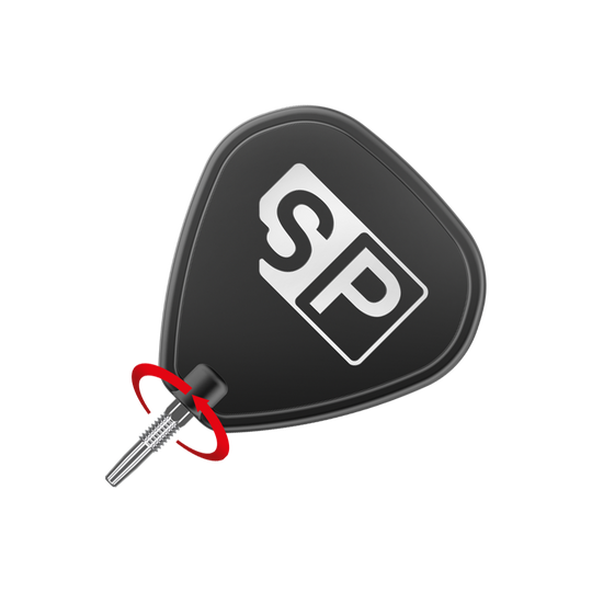 Końcówki do rzutek Target Swiss Point Nano Dart - srebrne Das Bild zeigt eine schwarze Dartflightscheibe mit den weißen Buchstaben "SP" darauf. Unten ist eine silberne Dartspitze zu sehen, um die ein roter Pfeil eine Drehbewegung anzeigt.