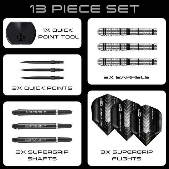 Lotki stalowe Harrows Supergrip Tapered Quick Point Zu sehen sind die Harrows Supergrip QP Tapered Quick Point Steeldarts. Diese Darts bieten eine hochwertige Verarbeitung für optimale Spieleigenschaften.
