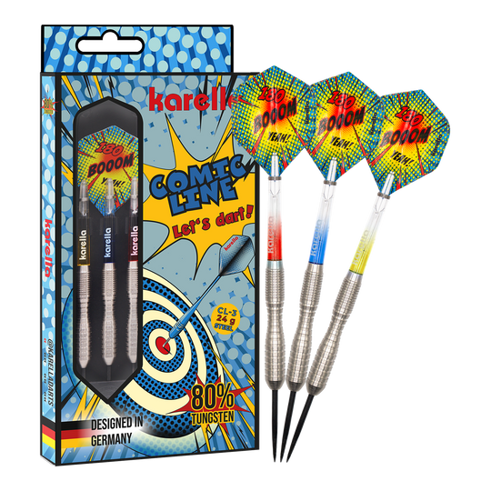 Das Bild zeigt das Produkt Karella Comic Line CL-3 Steeldarts - 24g in voller Länge. Die Steeldarts sind klar zu erkennen.