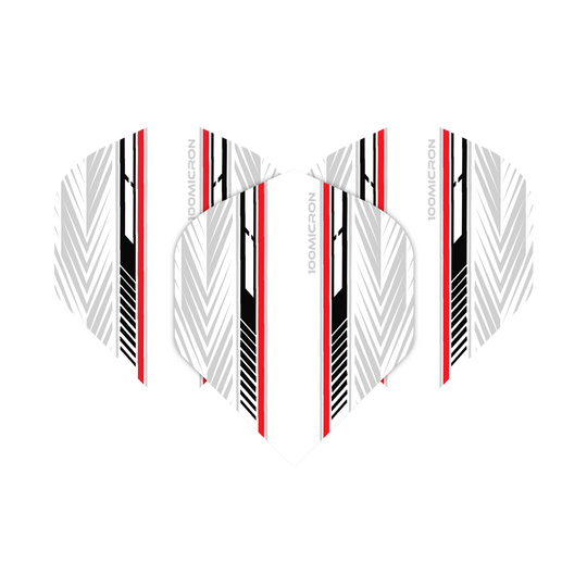 Pentathlon Flights biało-czarno-czerwony Das Bild zeigt die Pentathlon White Black Red No2 Standard Flights. Die Flights haben ein weißes Grunddesign mit schwarzen und roten Streifen sowie grafischen Mustern.