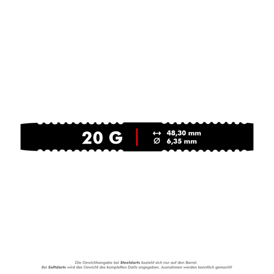 Red Dragon Amberjack 18 miękkich lotek - 20g Das Bild zeigt die Maße und das Gewicht des Produkts "Red Dragon Amberjack 18 Softdarts - 20g". Der Dart wiegt 20 Gramm, ist 48,30 mm lang und hat einen Durchmesser von 6,35 mm.
