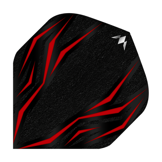 Misja Lava Red No2 Standardowe loty Das Bild zeigt ein schwarzes Dartflight mit roten, flammenartigen Linien. In der oberen rechten Ecke befindet sich ein kleines, silbernes Logo.