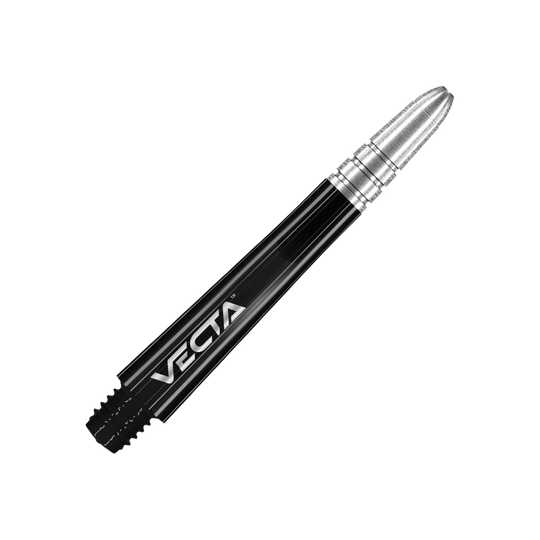 Winmau Vecta Shafts - Schwarz Silber Auf dem Bild ist ein schwarzer und silberner Dart-Schaft mit der Aufschrift "VECTA" zu sehen. Der Schaft hat ein glänzendes Design und einen metallischen Abschluss.