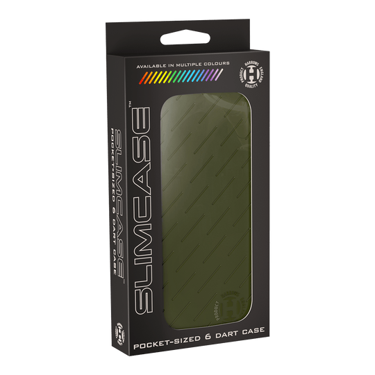 Etui na lotki Harrows Slimcase Die Abbildung zeigt eine grüne Slimcase Darttasche in ihrer Verpackung. Auf der Verpackung steht "Pocket-sized 6 Dart Case" und sie ist in mehreren Farben erhältlich.
