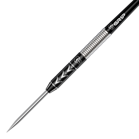 Rzutki stalowe Bulls Challenger Arno Merk - 22g Das Bild zeigt einen Bulls Challenger Arno Merk Steeldart mit einem Gewicht von 22g. Der Dartpfeil hat ein silber-schwarzes Design mit markanten Rillen und einem spitzen Metallende.
