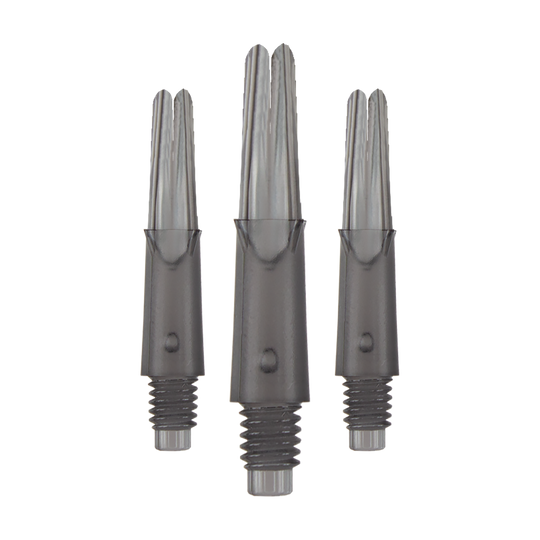 Wałki L-L-Style-Shafts blokowane proste - przezroczysta czerń Auf dem Bild sind drei transparente, schwarze Dart-Schäfte zu sehen. Sie stehen aufrecht nebeneinander und haben ein Gewinde am unteren Ende.