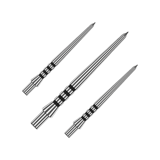 X0681_Red_Dragon_Venom_Steeldartspitzen_1 Das Bild zeigt drei silberne Steeldartspitzen mit schwarzen Rillen. Es handelt sich um das Produkt "Red Dragon Venom Steeldartspitzen".