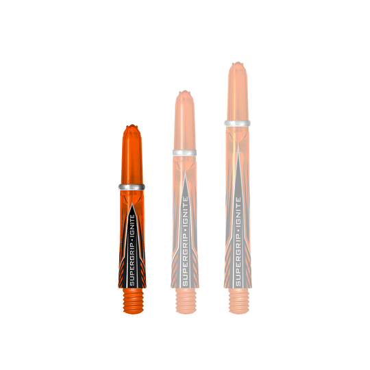 Das Bild zeigt drei orangefarbene Harrows Supergrip Ignite Shafts in unterschiedlichen Längen. Die Aufschrift "Supergrip Ignite" ist deutlich auf jedem Schaft zu sehen.