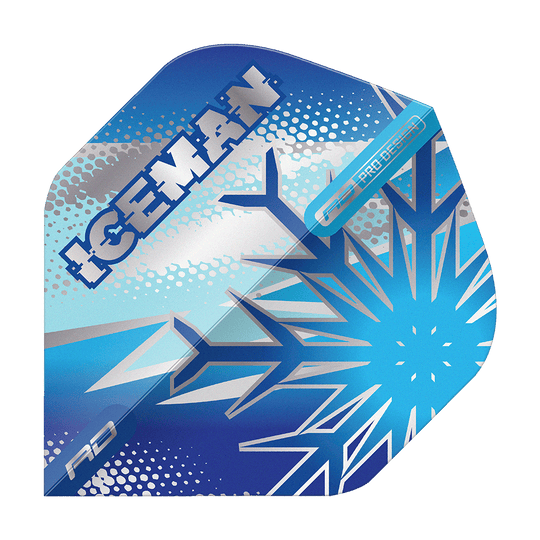 Red Dragon Gerwyn Price Niebieski Płatek No2 Standardowe Loty Das Bild zeigt ein Dart-Flight mit frostigem, blauem Design und einer großen Schneeflocke. Auf dem Flight steht das Wort "ICEMAN" in auffälligen Lettern.