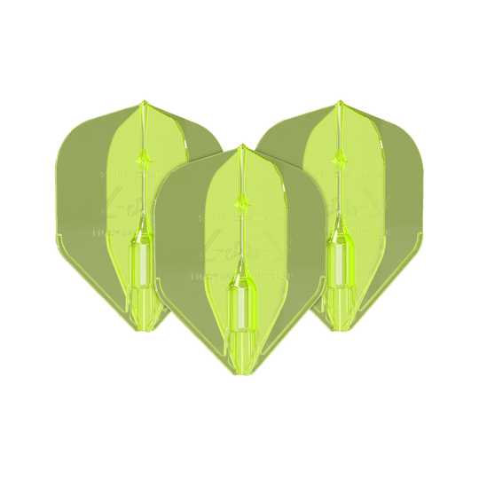 Loty Fantom L-L-Style1EZ w kolorze neonowożółtym Auf dem Bild sind drei neongelbe Dart-Flights des Modells "L-Style Fantom L1EZ" zu sehen. Sie haben eine auffällige Farbe und eine stabile Form.