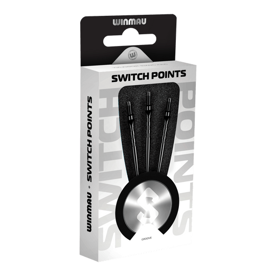Abgebildet sind Winmau Switch Point Groove Steeldartspitzen in Schwarz. Die Dartspitzen haben Rillen und eine schwarze Farbe.