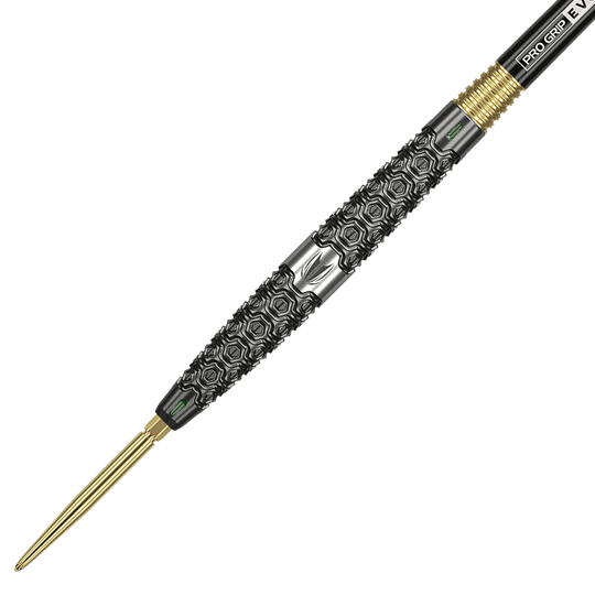 Das Bild zeigt einen Target Cult 01 Swiss Point Steeldart. Der Dartpfeil hat eine goldene Spitze und einen detailliert gemusterten, schwarzen Griff.