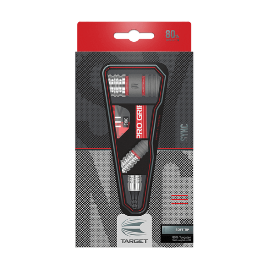Auf dem Bild ist eine Verpackung mit Softdarts der Marke Target zu sehen. Die Darts bestehen zu 80 % aus Tungsten und haben die Bezeichnung "SYNC".