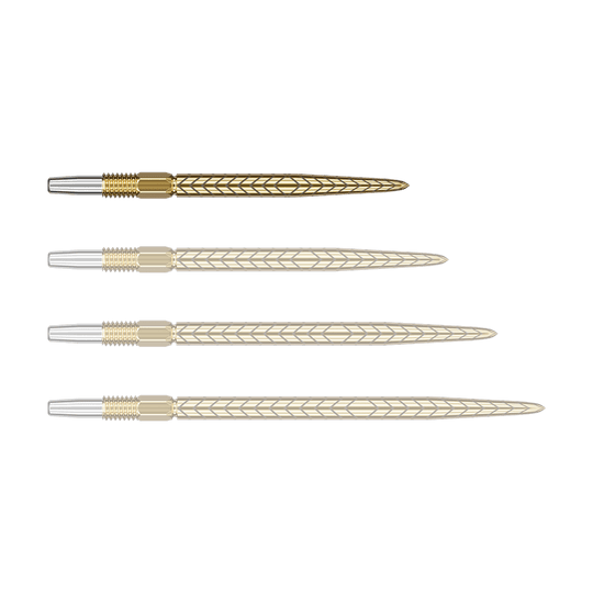 Groty do lotek Target Swiss Point RVE – złote Auf dem Bild sind vier goldfarbene Dartspitzen mit silbernem Gewinde zu sehen. Sie liegen nebeneinander und haben ein feines Muster auf der Oberfläche.