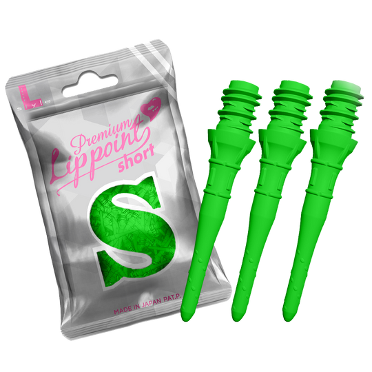 Auf dem Bild ist eine silberne Verpackung mit der Aufschrift „Premium Lippoint short“ zu sehen. Daneben befinden sich drei kurze, neon-grüne Spitzen für Softdartpfeile.