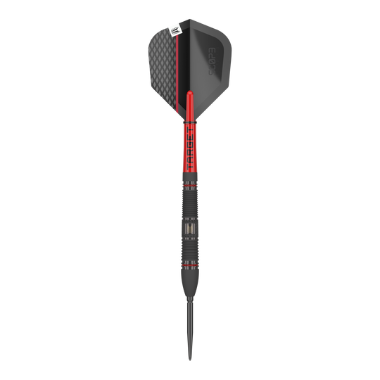 Stalowe lotki Target Scope 02 Swiss Point Das Bild zeigt einen Target Scope 02 Swiss Point Steeldart. Der Dart ist schwarz und rot gestaltet und hat eine strukturierte Spitze sowie ein modernes Flight-Design.