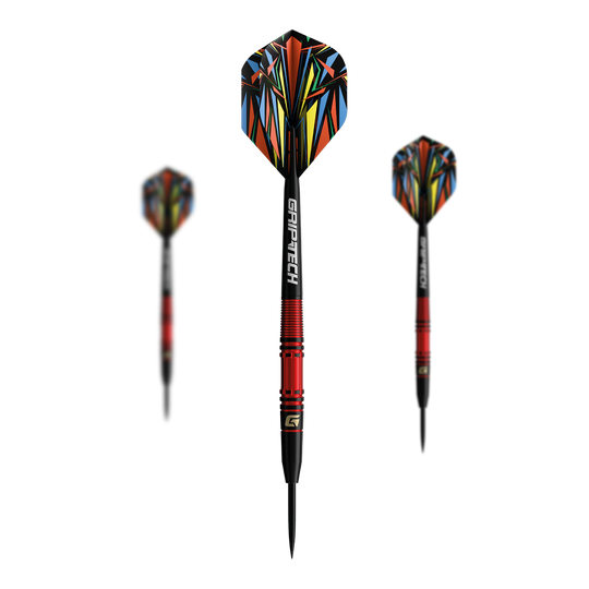 Das Bild zeigt die GOAT Athlete Red Tungsten Steeldarts. Die roten Steeldarts sind hochwertig verarbeitet.