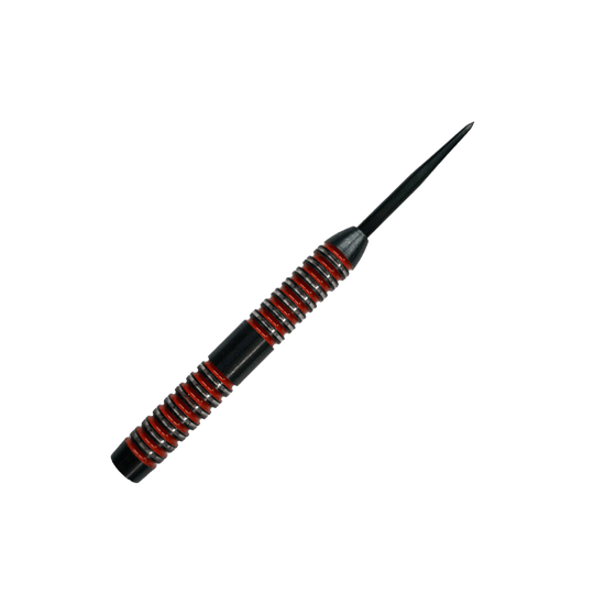 Lufy McDart Crimson Steeldart Das Bild zeigt einen McDart Crimson Steeldart Barrel. Der Barrel ist schwarz mit auffälligen roten Ringen und hat ein gerilltes Design für besseren Halt.