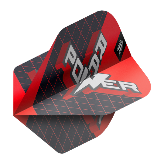 Dies ist ein Target Pro Ultra Phil Taylor Power 9Five GEN11 No2 Standard Dartflight. Das Design ist überwiegend schwarz und rot mit einem grafischen "POWER"-Schriftzug.
